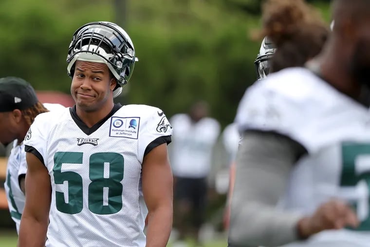 Eagles' Jordan Hicks makes a face as the Philadelphia Eagles open training camp at the Novacare Complex on July 26, 2018 in Philadelphia, PA. DAVID MAIALETTI / Staff Photographer
