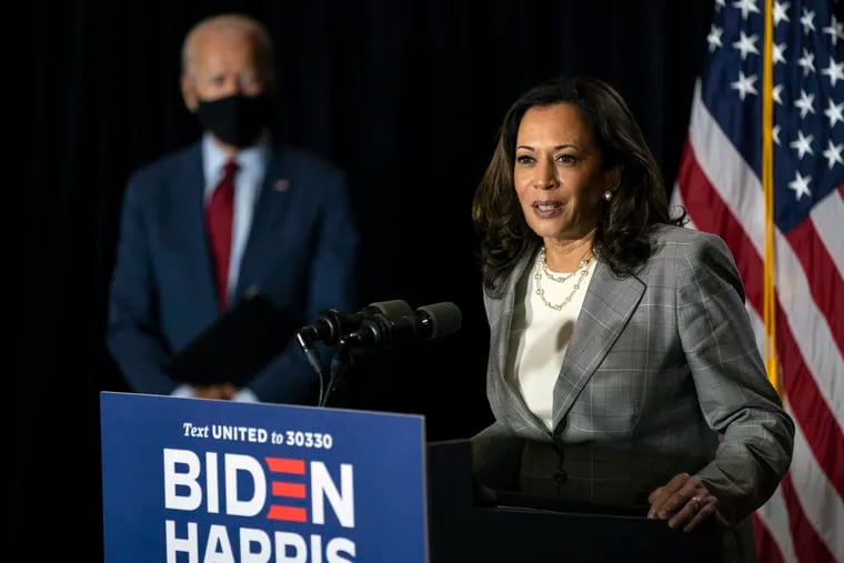 Sen. Kamala Harris, D-Calif., speaks at the Hotel DuPont in Wilmington, Del., on Thursday, her first appearance as Joe Biden's running mate.