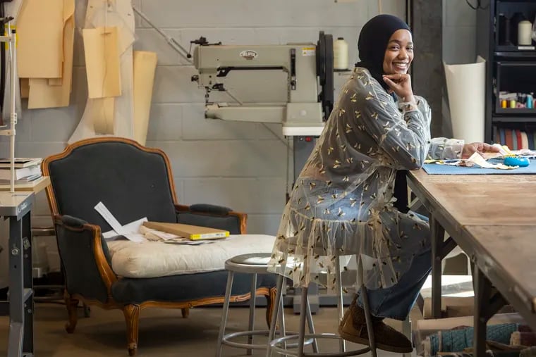 Textile designer Melanie Hasan founded Modest Transitions in 2019. NextFab located at 1800 N. American Street, Philadelphia provides “makerspace” for artisans to turn their work into a business. This photograph was taken on February 16, 2022.