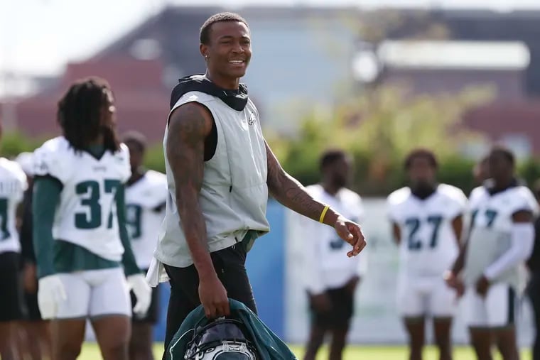 Eagles’ wide receiver DeVonta Smith enters training camp at the NovaCare Complex on Tuesday.