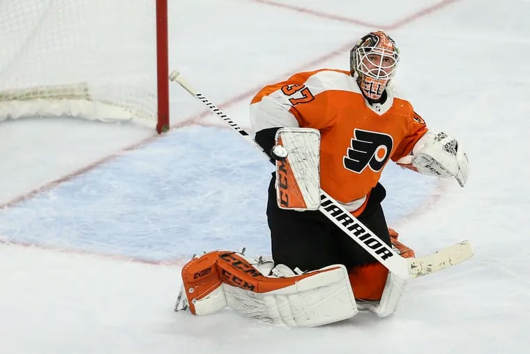Flyers goalie Brian Elliott makes a stop against the Golden Knights during the second period at the Wells Fargo Center on Monday. Elliott made 33 saves in the Flyers' 6-2 win.