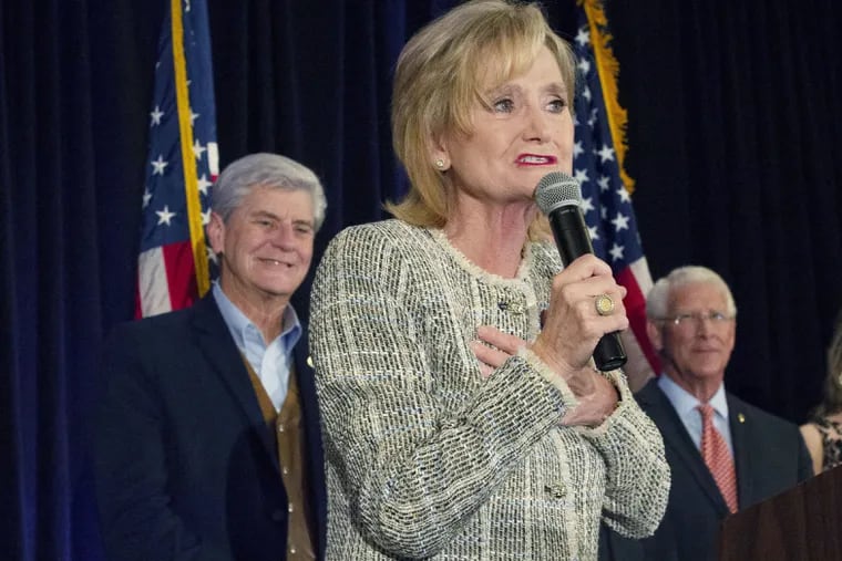 Sen. Cindy Hyde-Smith, R-Miss., speaks to supporters during an election night party in Jackson, Miss., earlier this month. She's in a Nov. 27 runoff against Mike Espy, who's seeking to become Mississippi's first black senator since Reconstruction.
