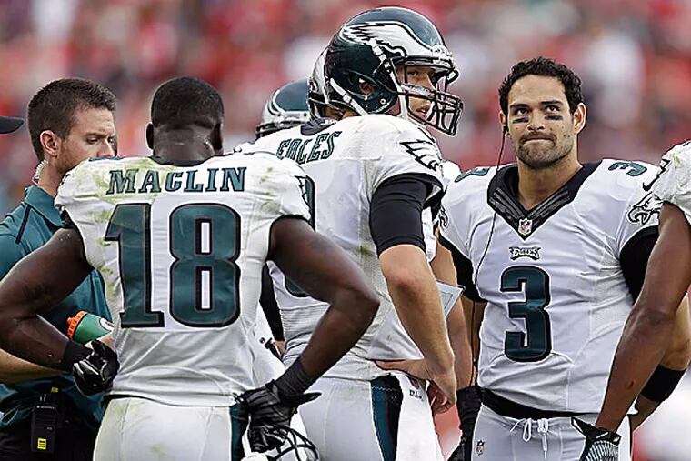Eagles wide receiver Jeremy Maclin and quarterbacks Nick Foles and Mark Sanchez. (Ben Margot/AP)