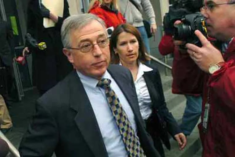 Mark A. Ciavarella , leaving court in Scranton in February. Only about 100 of his cases from 2003 to mid-2008 remain eligible to be retried after the state Supreme Court's action yesterday. (AP)