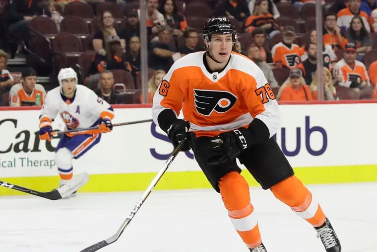 Flyers prospect Isaac Ratcliffe skates during a preseason game against the Islanders on Sept. 17, 2018. The 21-year old winger joined the AHL's Phantoms this season and had a rough time adjusting to the pro game.