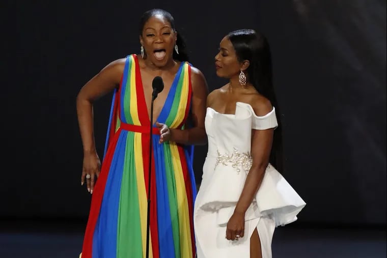 Tiffany Haddish, left, and Angela Bassett, right, onstage during the 70th Emmy Awards. The New York Times identified Bassett as Omarosa.