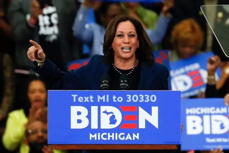 Sen. Kamala Harris (D-Calif.) speaks at a campaign rally for Joe Biden in March. Harris was picked Tuesday as Biden's running mate.
