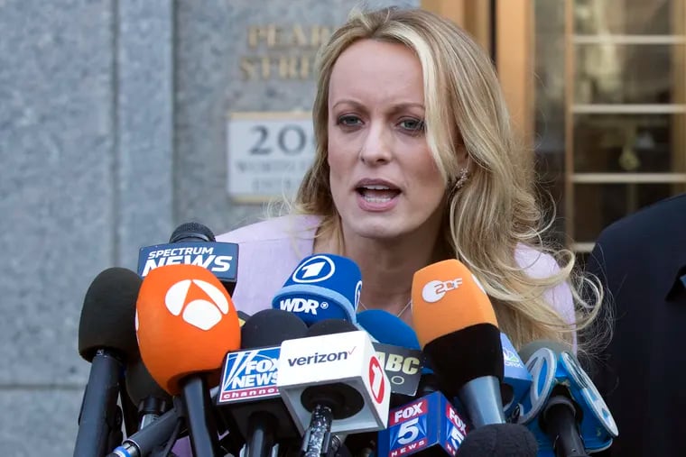 In this Monday, April 16, 2018 file photo adult film actress Stormy Daniels speaks outside federal court in New York.