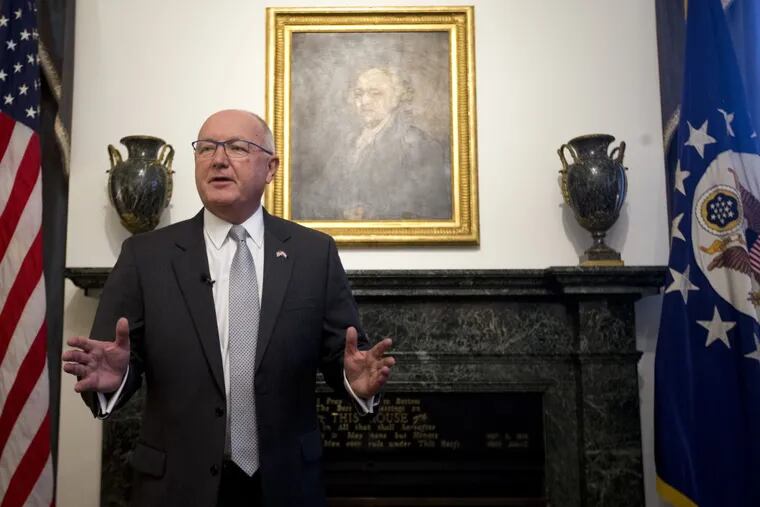 Pete Hoekstra, new U.S. ambassador to the Netherlands, gives a statement during a press conference at his residence in The Hague, Netherlands, Wednesday, Jan. 10, 2018.