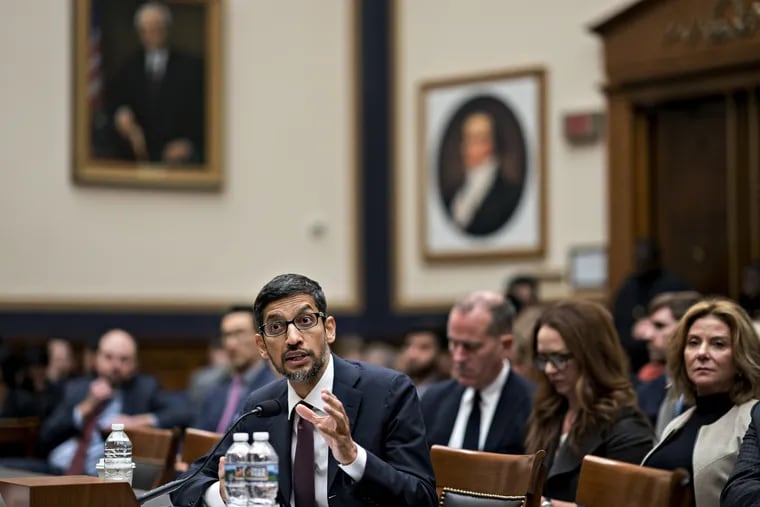 Google CEO Sundar Pichai speaks during a House Judiciary Committee hearing in Washington, D.C., on Tuesday. (Andrew Harrer / Bloomberg)