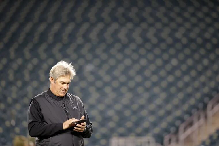 Philadelphia Eagles head coach Doug Pederson on the field before Sunday night's loss to the Dallas Cowboys.