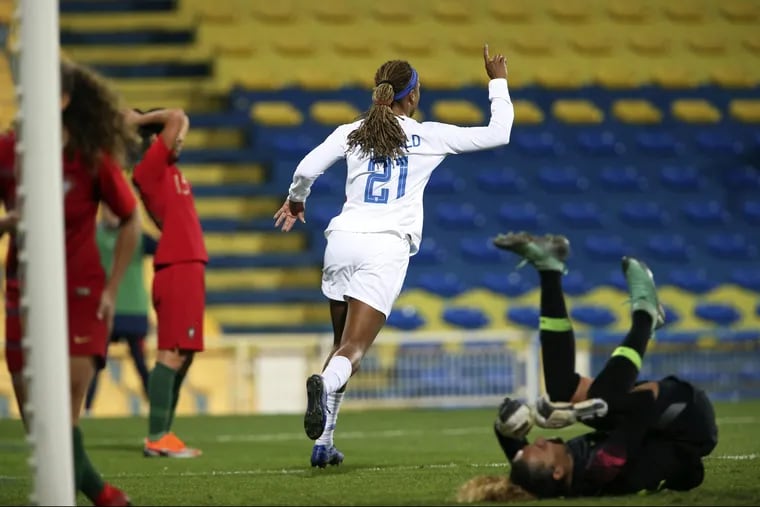 Jessica McDonald celebrates after scoring her first ever goal for the United States women's national soccer team. The Americans won 1-0 at Portugal.