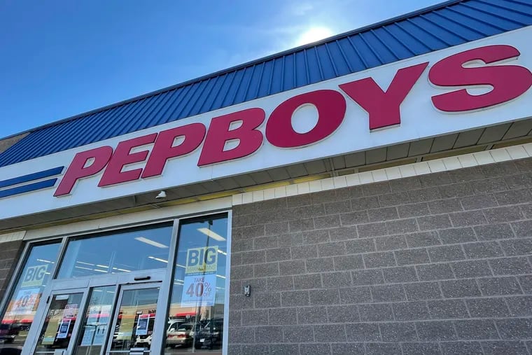 A sign advertising big markdowns hangs outside of the Pep Boys in Audubon, N.J. on March 30, 2021. Pep Boys is quietly selling off its stores across the U.S., including two stores in Camden County.