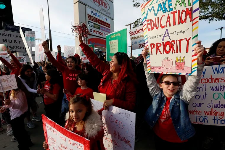 Parents, teachers, and students rally in support of teachers in Woodland Hills, Calif., on January 11, 2019.