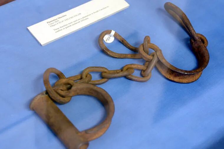 Shackles, on display at Pomona Hall in Camden, October 1, 2013, will be on display as part of a trolly tour by the Camden County Historical Society in October. They were used on slaves in South Carolina (circa 1850). (TOM GRALISH / Staff Photographer)