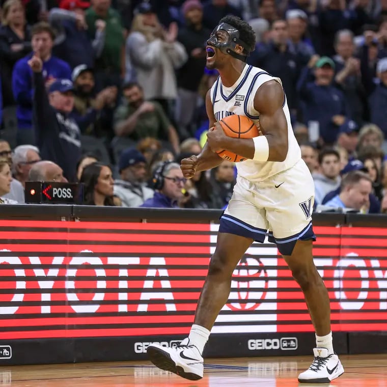 Villanova Wildcats guard TJ Bamba reacts after forcing a jump ball to give Villanova possession late in the second half of a game against the Creighton Bluejays at Wells Fargo Center in Philadelphia on Saturday, March 9, 2024. Despite the comeback, Villanova lost, 69-67.