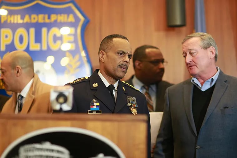 Police Commissioner Richard Ross and Mayor Kenney speak about the attempted killing of officer Jesse Hartnett during a news conference at Police Headquarters Friday.