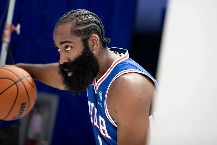 James Harden poses during the 76ers' media day at their training complex in Camden on Monday.