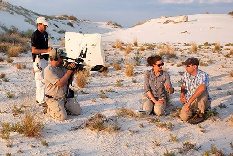 (Left to right) Tim Kramer, Paul Frederick, Krissa Skogen and Chris Martine on location for "Plants are Cool, Too!" Episode 4: Desert Blooms and Marathon Moths at White Sands National Monument, Otero County, New Mexico, 21 Aug 2013. (Patrick Alexander photo)