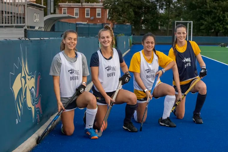 Drexel field hockey players from the Netherlands (from left) Puk Thewessen, Eline Di Leva, Isabel Jacobs and Amber Brouwer.