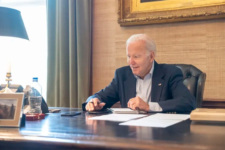 President Biden speaking by phone with Sen. Bob Casey, D-Pa., Rep. Matt Cartwright, D-Pa., and Scranton Mayor Paige Cognetti after he canceled his scheduled trip to Wilkes-Barre on July 21.