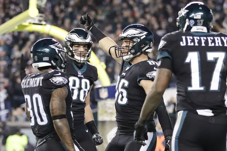 Zach Ertz celebrates his third-quarter touchdown – one of only a few bright spots of the evening.