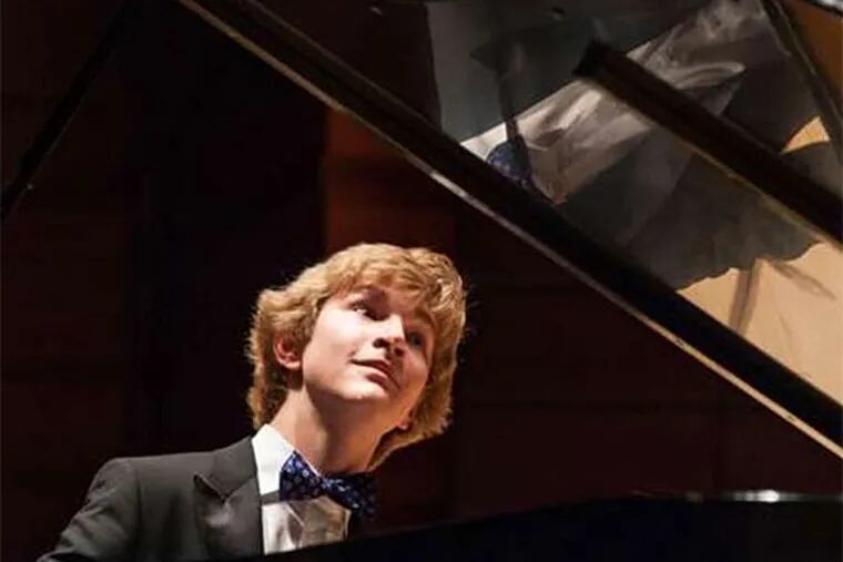 Pianist Jan Lisiecki performing with the Philadelphia Orchestra on Thursday. The 19-year-old played Mozart's &quot;Piano Concerto No. 22 in E flat.&quot; (The Philadelphia Orchestra)