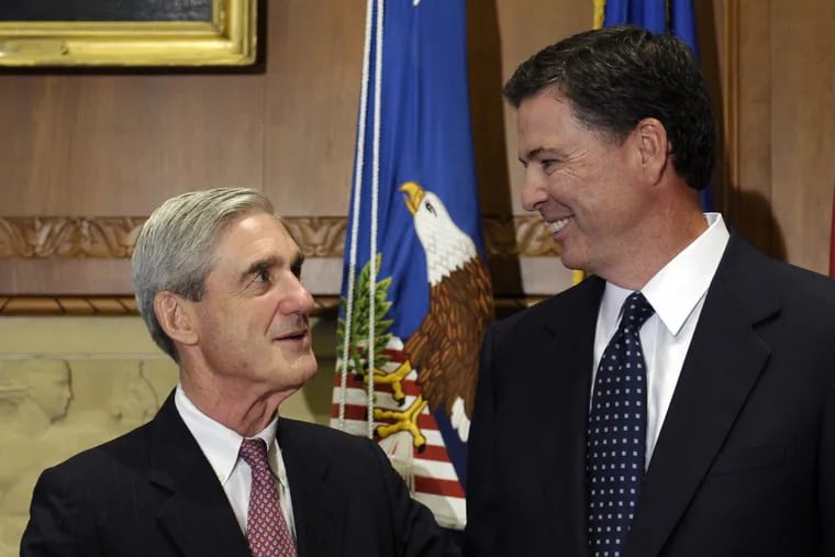 Special counsel Robert Mueller (left) was replaced as FBI director in 2013 by James Comey,  who was fired by President Trump.