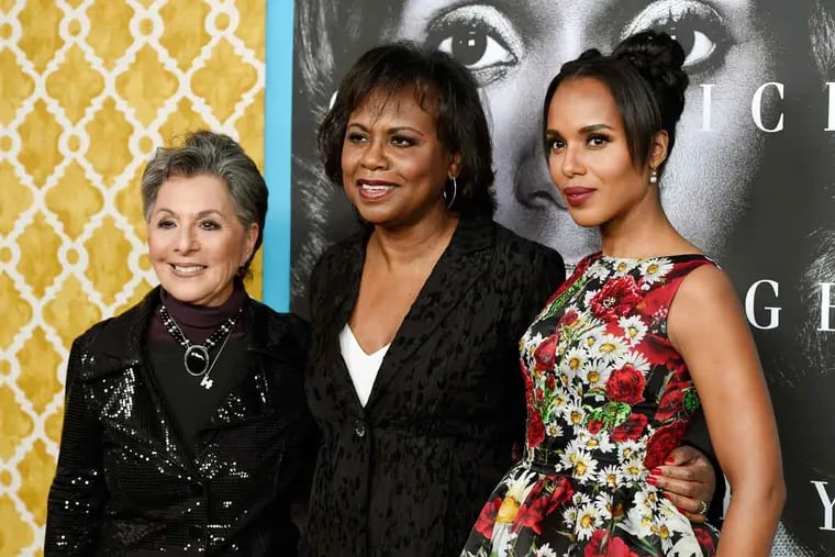 Anita Hill (center), subject of the HBO film "Confirmation," poses with U.S. Sen. Barbara Boxer (left) and star Kerry Washington at the premiere of the film at Paramount Studios on March 31, 2016, in Los Angeles.