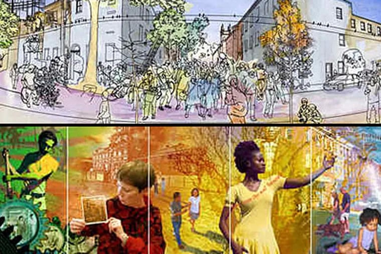The Team 1 mural (bottom) shows different parts of the city, present and past, including the stories of neighborhoods such as Fishtown and North Philadelphia. The Team 2 mural shows an outpouring of people, reminiscent of the crowds after the Phillies won the World Series and after President Obama was elected.