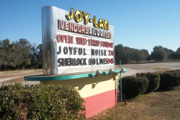 The original movie marquee sign has greeted drive-in movie goers since 1950 at Joy-Lan in Dade City. (Photo Credit: Doug Sanders)