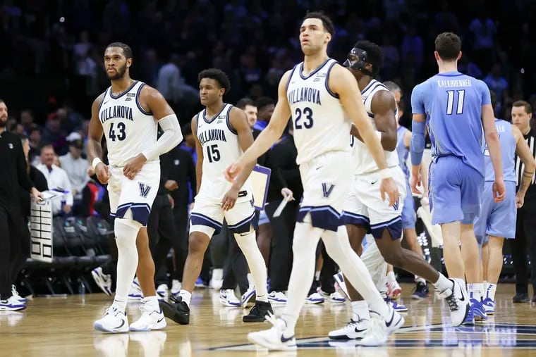 Villanova players return to the bench after Creighton Bluejays guard Trey Alexander hit the game-winning shot in the second half at the Wells Fargo Center on March 9.