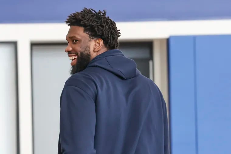 Joel Embiid exits after speaking to the media for the first time since his injury at the 76ers' training complex in Camden on Thursday.