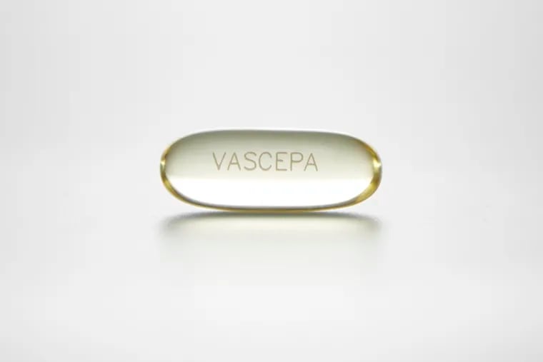 This undated photo provided by Amarin in November 2018 shows a capsule of the purified, prescription fish oil Vascepa. On Friday, Dec. 13, 2019, U.S. regulators approved expanded use of the medication for preventing serious heart complications in high-risk patients already taking cholesterol-lowering pills.