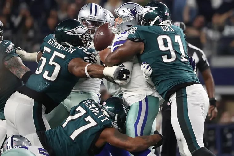 Eagles' Fletcher Cox (91) expects to be able to reacquaint himself with Cowboys quarterback Dak Prescott this season, despite all the uncertainty surrounding the coronavirus pandemic.