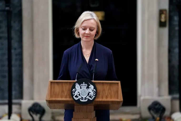 Britain's Prime Minister Liz Truss addresses the media outside 10 Downing Street in London on Thursday after announcing her resignation.