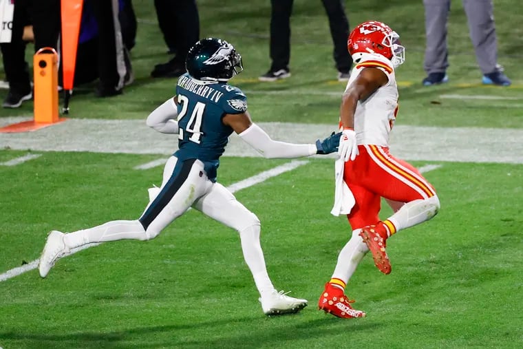 The play that Philadelphia Eagles cornerback James Bradberry was called for a penalty on while covering Kansas City Chiefs wide receiver JuJu Smith-Schuster in the second half of Super Bowl LVII on Sunday, Feb. 12, 2023, in Glendale, AZ.