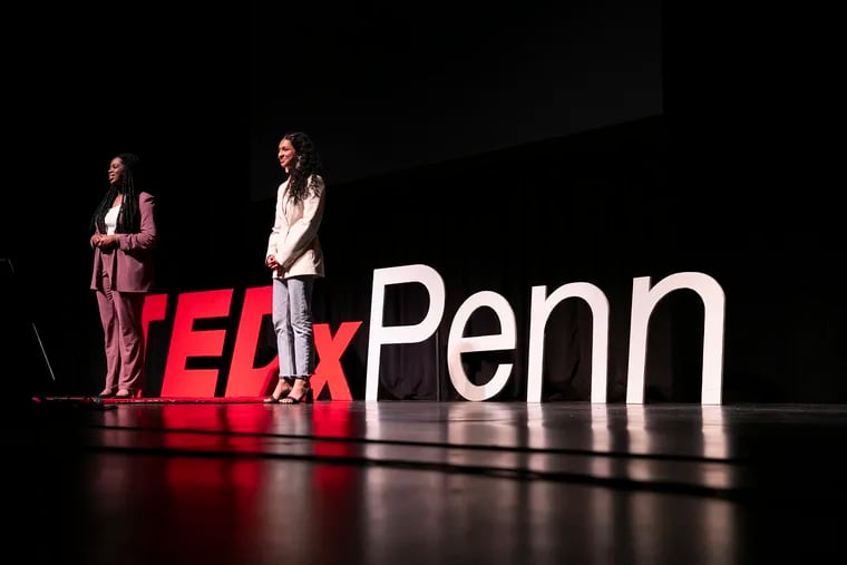 Christina Ellis, left, and Edha Gupta, the 17-year-old students who successfully fought a book ban at their Central York school, speak at the TEDx conference inside the Zellerbach Theatre at Penn’s Annenberg Center for the Performing Arts in Philadelphia on Saturday, April 16, 2022. A group of 35 Penn students organized the TEDx event, the first to be held in person since the pandemic began.