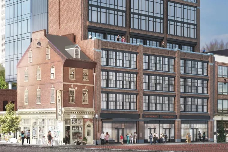Artist’s rendering of Toll Bros.’ earlier planned condo tower on Jewelers Row, as seen from street level looking southwest.