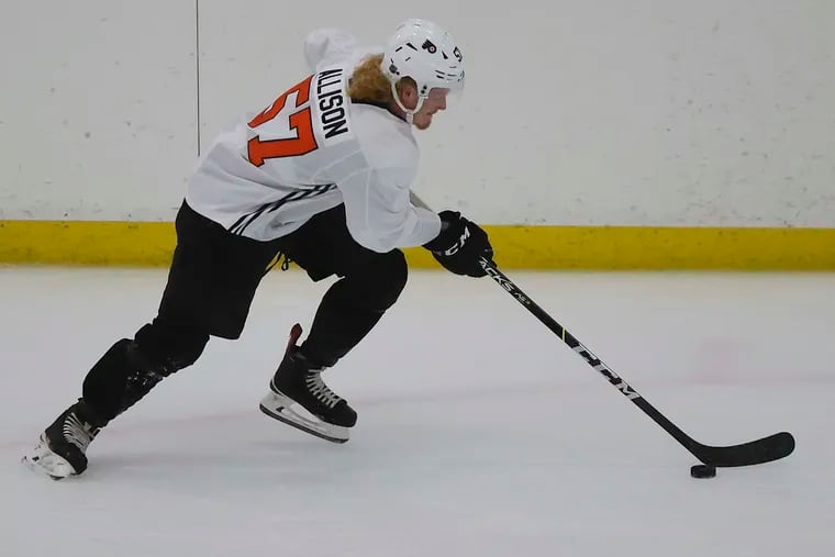 Flyers right winger Wade Allison, shown during development camp last month, was injured in Sunday's exhibition loss to the Rangers.