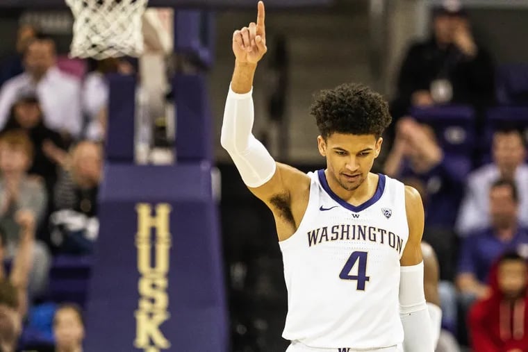 Washington's Matisse Thybulle knows which way the turnover is going in the second half against Oregon State on March 6, 2019, at Alaska Airlines Arena in Seattle. (Dean Rutz/Seattle Times/TNS)
