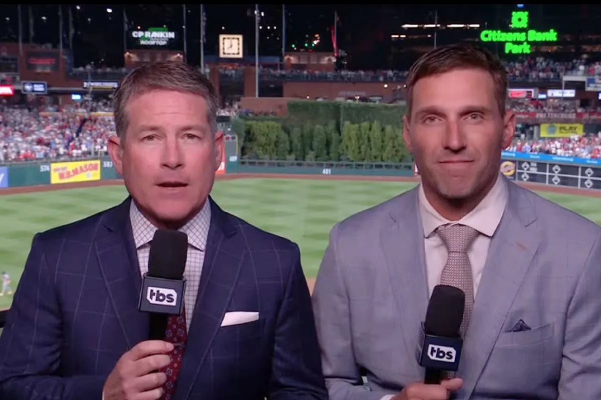 TBS announcers Brian Anderson (left) and Jeff Francoeur will call the 2023 NLCS, along with Ron Darling (not pictured). 