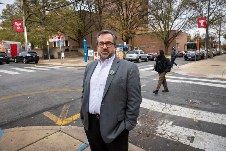 Jeffrey Doshna, an associate professor and president of the Temple Association of University Professionals, at intersection of North13th and Norris Streets on Temple University campus. He thinks the university should have somehow noted student Samuel Collington's murder in its crime report.
