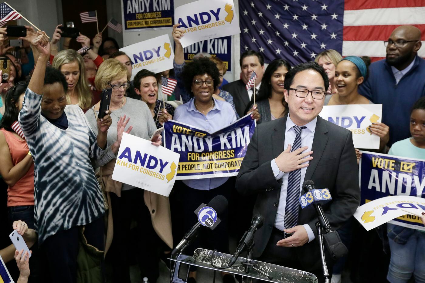Democrat Andy Kim announces that he is the projected winner of the NJ 3rd District Congressional race. The announcement was before a packed crowd at his Mt. Laurel headquarters on Nov. 7, 2018.