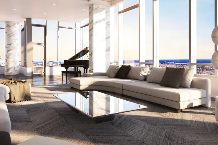 A rendering for the penthouse of the Laurel, the new luxury condo building that will soon rise on Rittenhouse Square. The building's developer, Southern Land Co., has listed its penthouse for $25 million, which, if secured, would break Philadelphia's record for the most expensive residential sale.