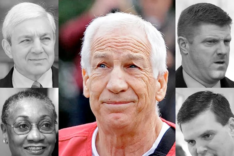 Former Penn State president Graham Spanier (top left), former lawyer Cynthia Baldwin (bottom left), former assistant football coach Mike McQueary (top right) and Jay Paterno, Joe's son and a former assistant coach (bottom right) are all involved in cases that revolve around the Jerry Sandusky child sex-abuse scandal.