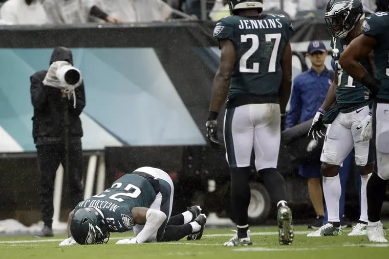 Philadelphia Eagles' Rodney McLeod lies on the field after an injury during the second half of an NFL football game against the Indianapolis Colts, Sunday, Sept. 23, 2018, in Philadelphia. (AP Photo/Matt Rourke)