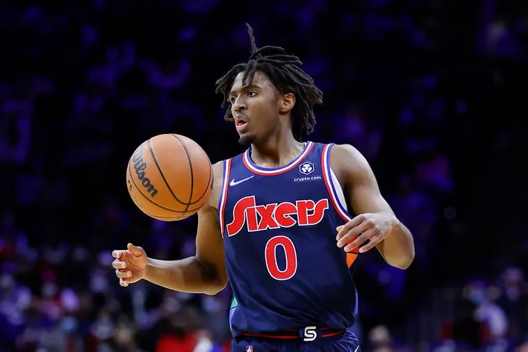 Sixers guard Tyrese Maxey dribbles the basketball against the Atlanta Hawks on Thursday, December 23, 2021 in Philadelphia.