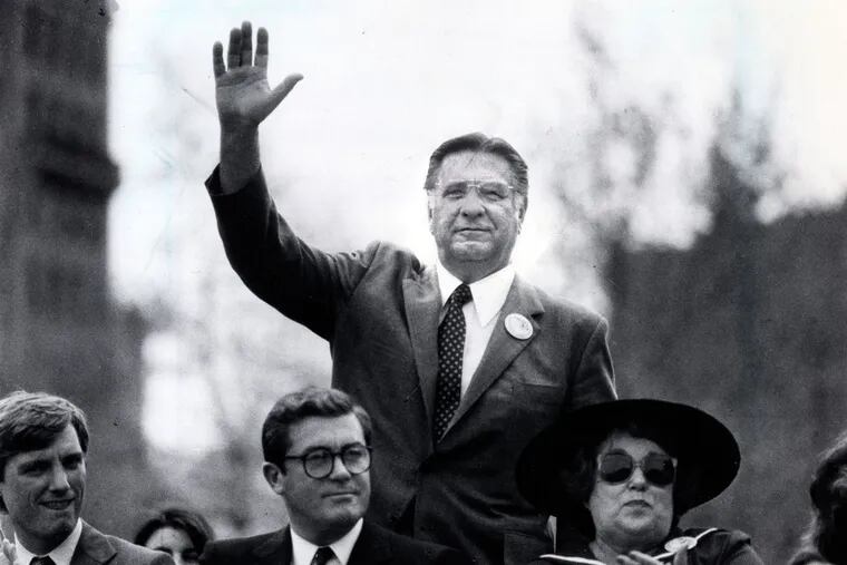 Frank Rizzo at the Israel Day celebration at Dilworth Plaza in 1983, just before losing the primary election to W. Wilson Goode. He lost again to Goode four years later.