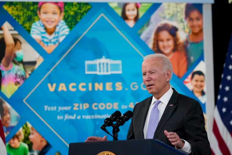 President Joe Biden talks about the newly approved COVID-19 vaccine for children ages 5-11 from the South Court Auditorium of the White House complex in Washington, Wednesday, Nov. 3, 2021.  Millions of health-care workers across the U.S. were supposed to have their first dose of a COVID-19 vaccine by Dec. 6 under a mandate from Biden's administration. But that has been placed on hold by federal judges.